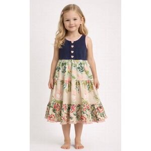 SweetHoney Girls Navy Floral Tiered Dress Heart Buttons PompomTrim Sz 5Y fairy